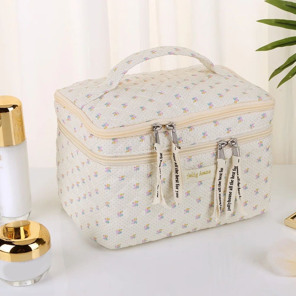 Double Layer Quilted Makeup Bag Floral Cotton Capacity