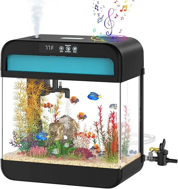 Fish Tank 2.2 Gallon Fish Aquarium with Music Humidifier 7 Color Auto-Looping Light Adjustable Water Pump with Filtration & Aera