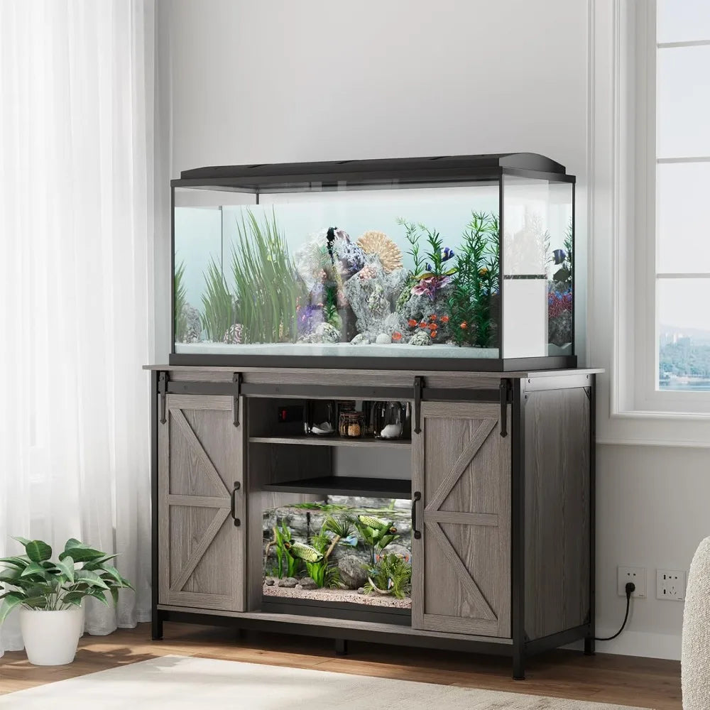 Farmhouse 55-75 Gallon Fish Tank Stand with Power Outlet, Aquarium Stand with Storage Cabinet and Sliding Barn Door, Heavy Duty