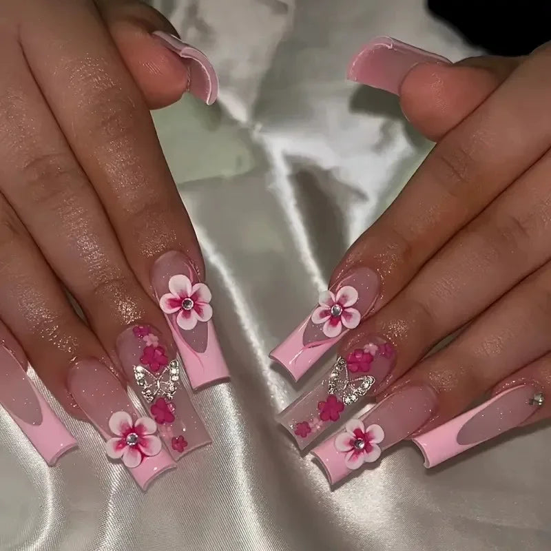 24pcs Short Duckbill False Nails Wearable Blue French Fake Nails Star Flash Rhinestones Decor Gradient Y2k Nails Press on Nail