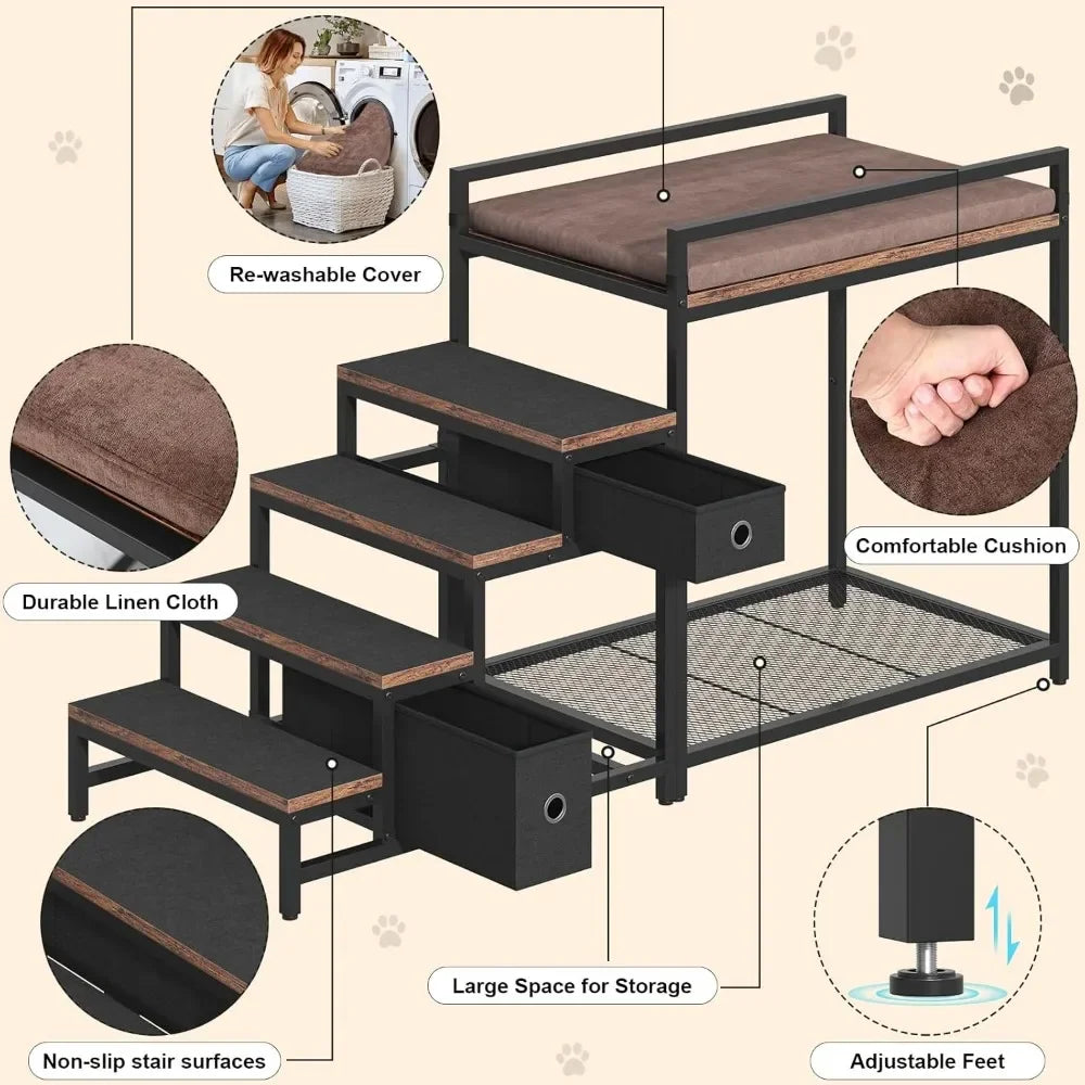 Pet Bunk Bed with Stairs and Storage Multi Level Elevated Dog and Cat Bed with Window Perch and Bedside Lounge