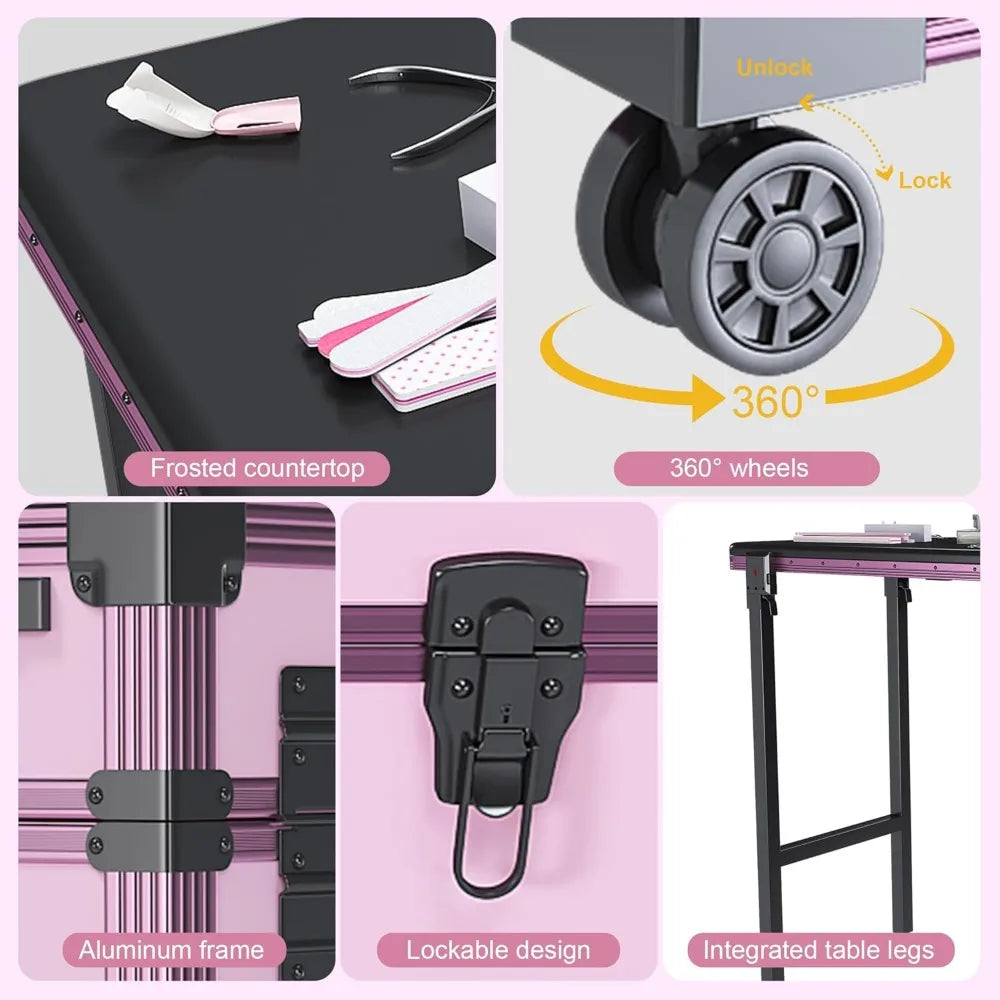 Portable Rolling Manicure Table w/Telescopic Rod, Mobile Makeup Case Foldable Nail Desk Cosmetology Case with Wheels, 3 Lockable