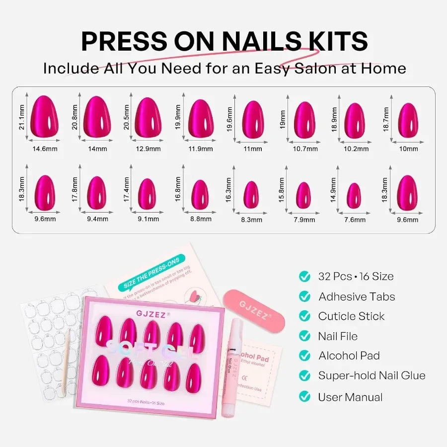 Hot Pink Press on Nails Cateye Soft Gel Cat Eye Stick on Nails Short Almond Press Ons Bright Neon Pink Salon Grade Fake Nails f