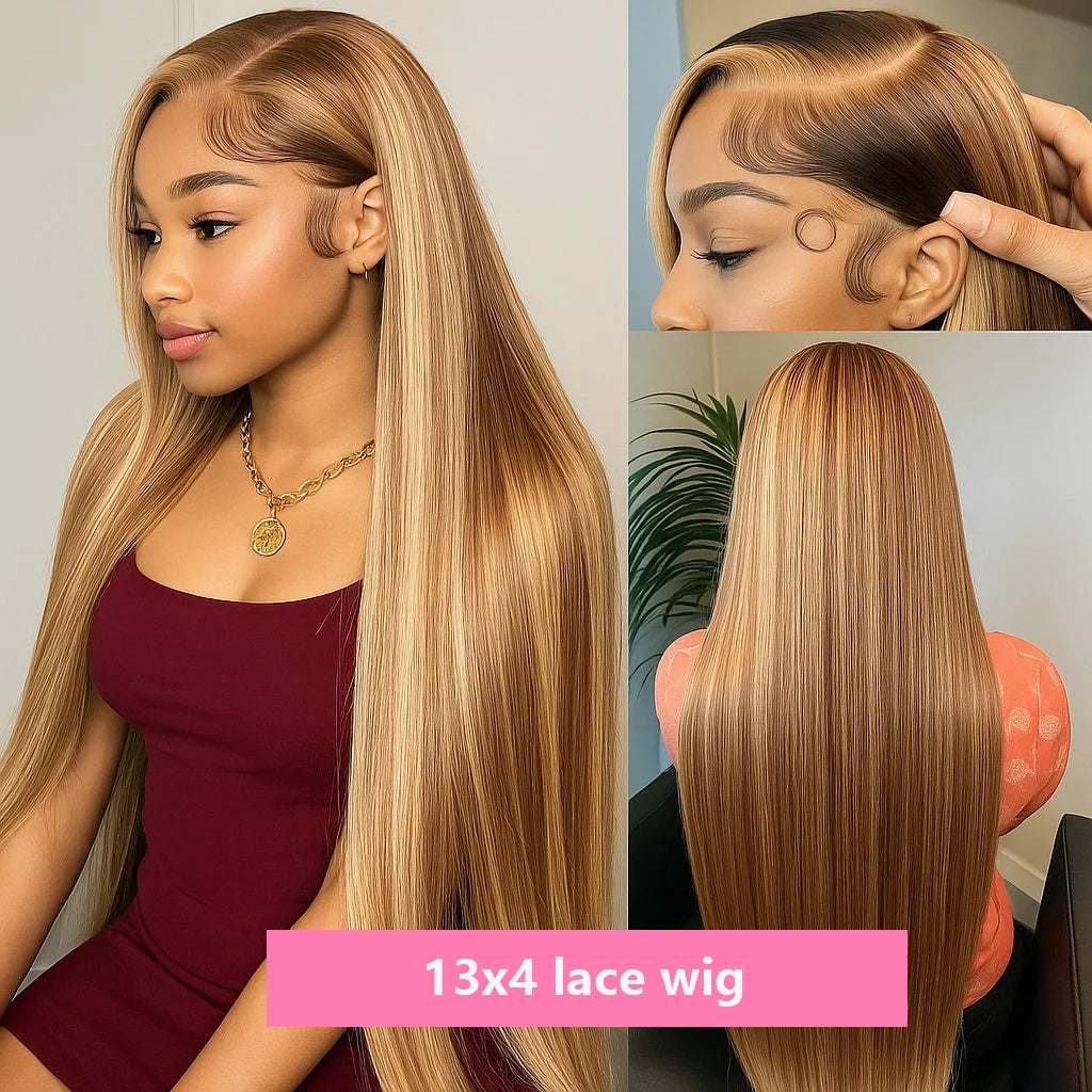 P4 27 Lace Front Wig Human Hair Brazilian Honey Blonde