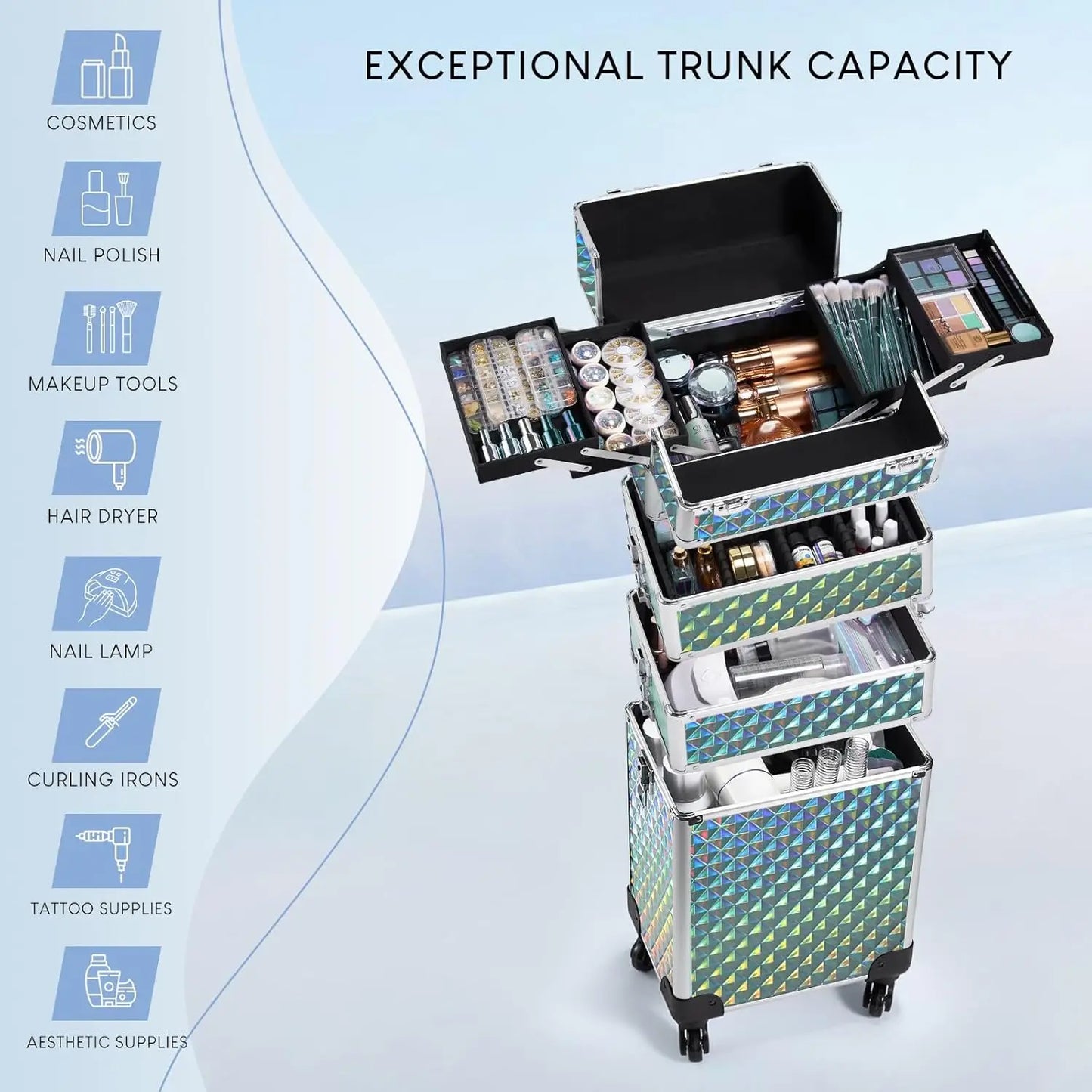 Rolling Makeup Train Case Cosmetic Trolley 4 In 1 Wheels