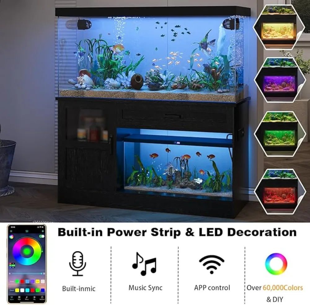 40 Gallon Tank Stand, Wooden Aquarium Stand 40 Gallon Fish Tank Stand with Drawer, Reptile Tank Stand with Power Strip and LED