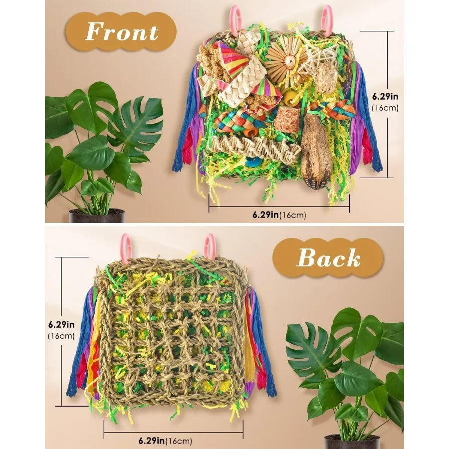 Interactive Foraging and Climbing Bird Toy Set with Colorful Shredding Seagrass Swing Mat and Wallmounted Hammock for Conures C