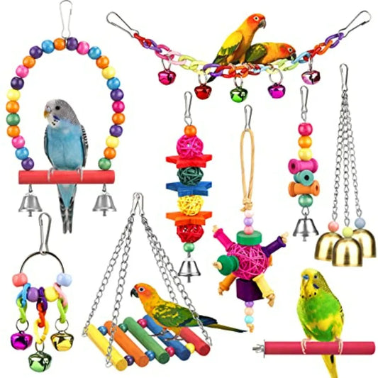 Bird Toys for Conures with Colorful Ladder Hammock Bird Cage Accessories Bird Perch Stand Chewing Toys Hanging Bell for Parrot
