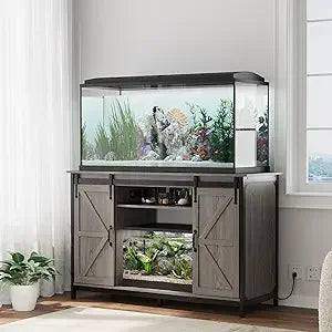 Farmhouse 55-75 Gallon Fish Tank Stand with Power Outlet, Aquarium Stand with Storage Cabinet and Sliding Barn Door, Heavy Duty