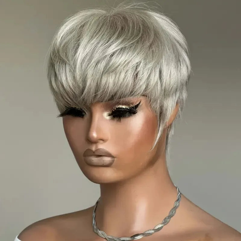 Grey Short Pixie Cut Wig for Women Straight Human Hair