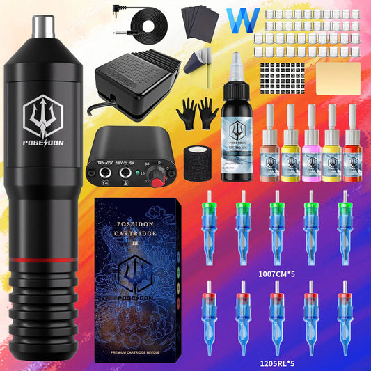 POSEIDON Tattoo Kit High Quality Tattoo Pen Kit For Permanent Makeup Tattoo Machine Kit 10PCS Tattoo Needle Black Tattoo Gun Kit