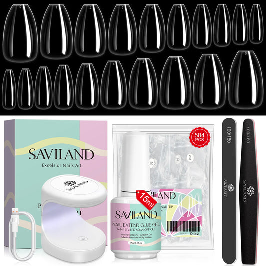 SAVILAND 500pcs Gel X Nail Kit For Extension Nail Tips Full Cover Press On Nails Sculpted Almond Coffin with UV LED Nail Lamp