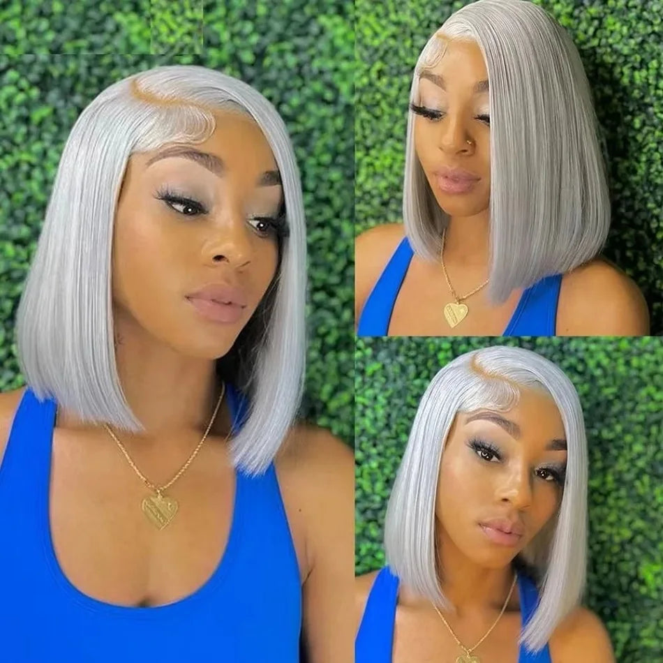 Grey Bob Lace Front Human Hair Wig 13x4 10 12 14 Inches