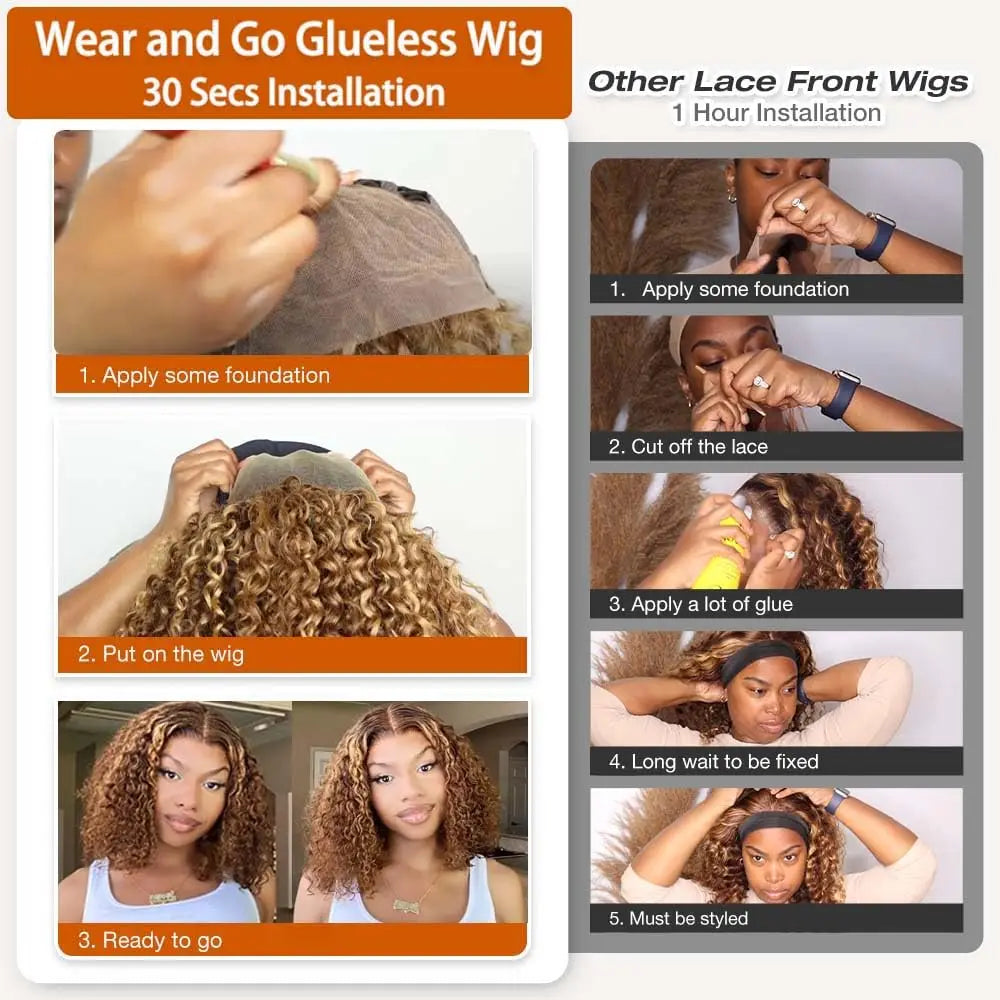 Deep Wave Honey Blonde Glueless Bob Wig HD Lace Front