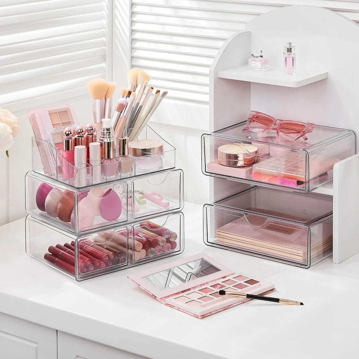 5 Tier Clear Makeup Organizer with Drawer Cosmetic Storage for Dresser Countertop and Bathroom Vanity Beauty Holder