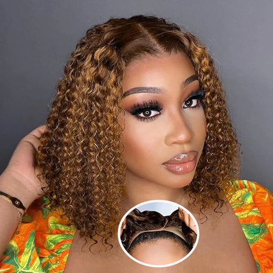 Deep Wave Honey Blonde Glueless Bob Wig HD Lace Front