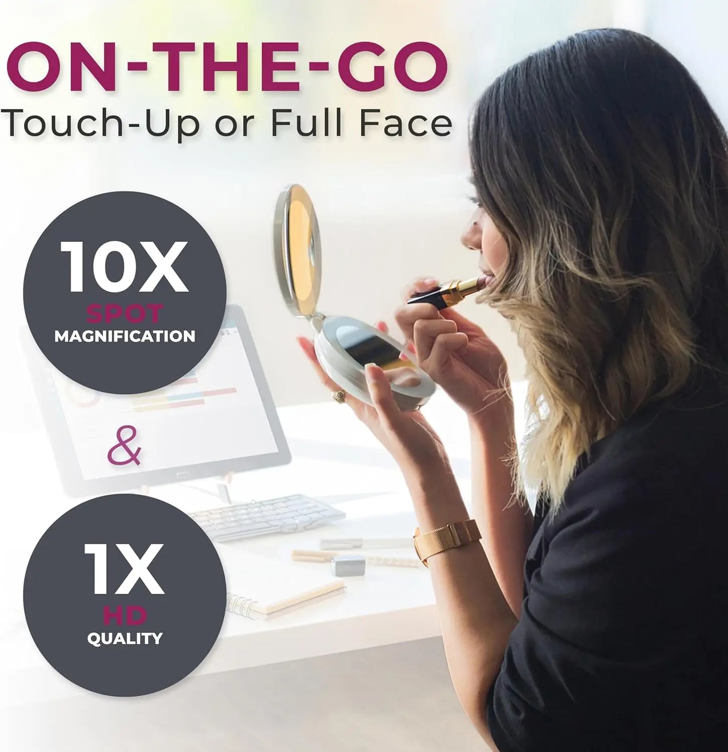 Travel Makeup Mirror with Lights, 10X/1X Dual Magnification, LED Lighted Folding Design, Battery Operated Portable Mirror