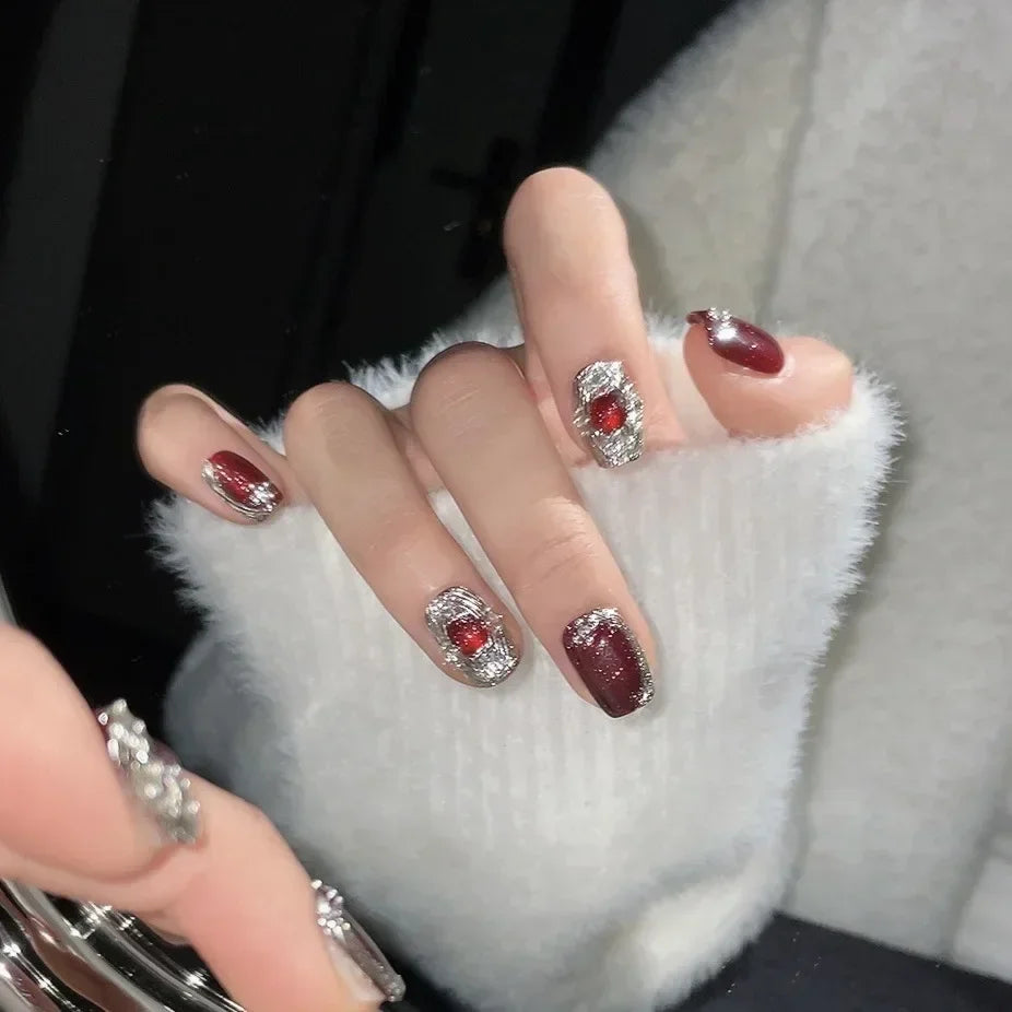 10Pcs Light Luxury Handmade Press On Nails Full Cover Cat Eye Design Glitter Ballerina False Nails Manicure Wearable Nail Tips