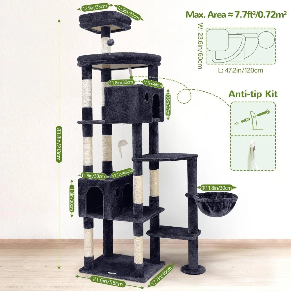 Giant Cat Tree, 83 inch Cat Tree for Indoor Cats Large Adult, XXL Cat Tower with 9 Scratching Posts for 20lb+ Heavy Duty Large A