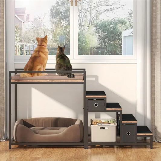 Pet Bunk Bed with Stairs and Storage Multi Level Elevated Dog and Cat Bed with Window Perch and Bedside Lounge