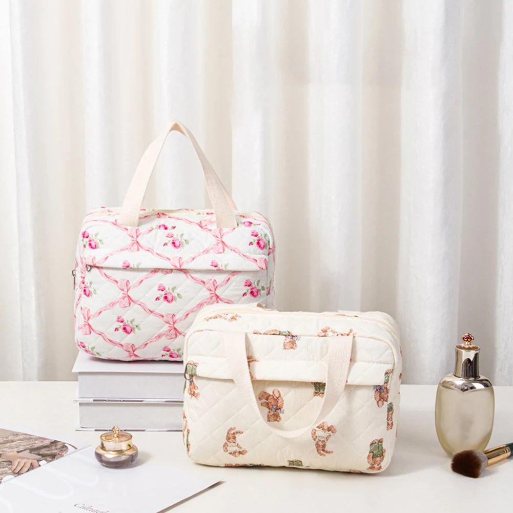 Cotton Quilted Cosmetic Bag Floral Travel Toiletry Organizer