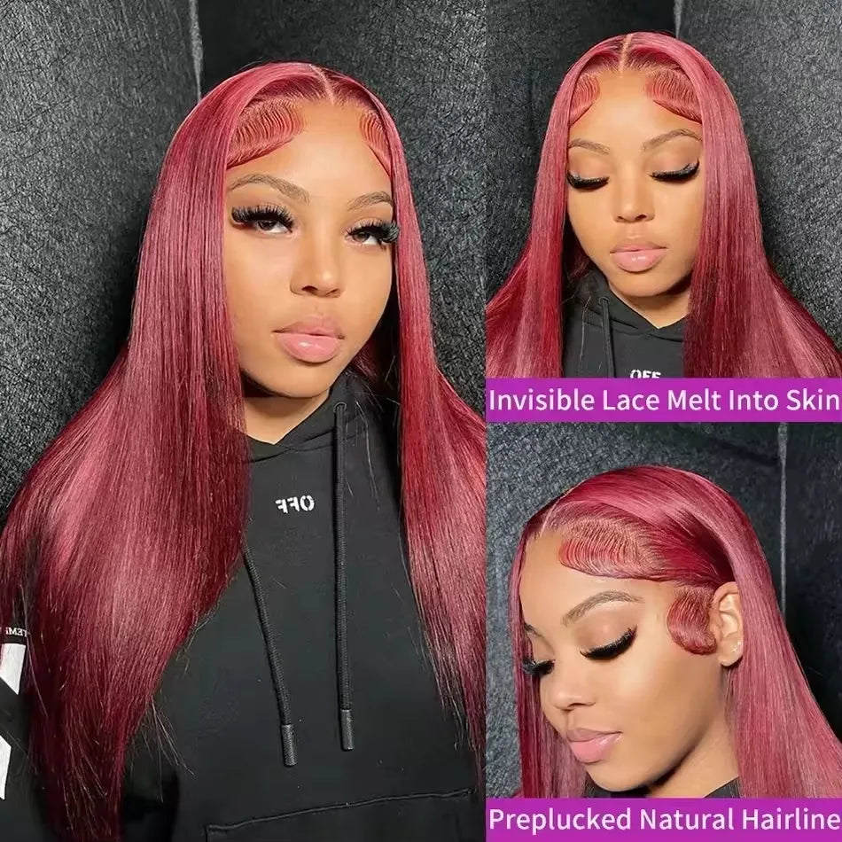 38 Inch 99j Burgundy Lace Front Human Hair Wig 13x6 Bone Straight Hd Lace Frontal Wig 180 Density Colored Pre Plucked Lace Wig