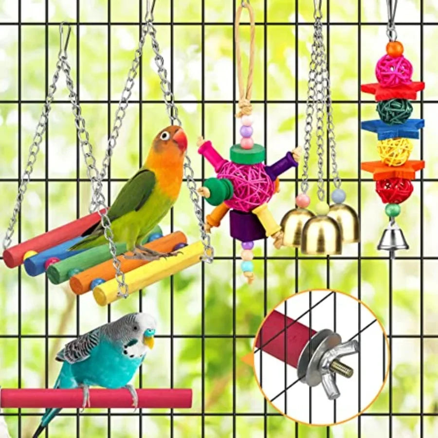 Bird Toys for Conures with Colorful Ladder Hammock Bird Cage Accessories Bird Perch Stand Chewing Toys Hanging Bell for Parrot