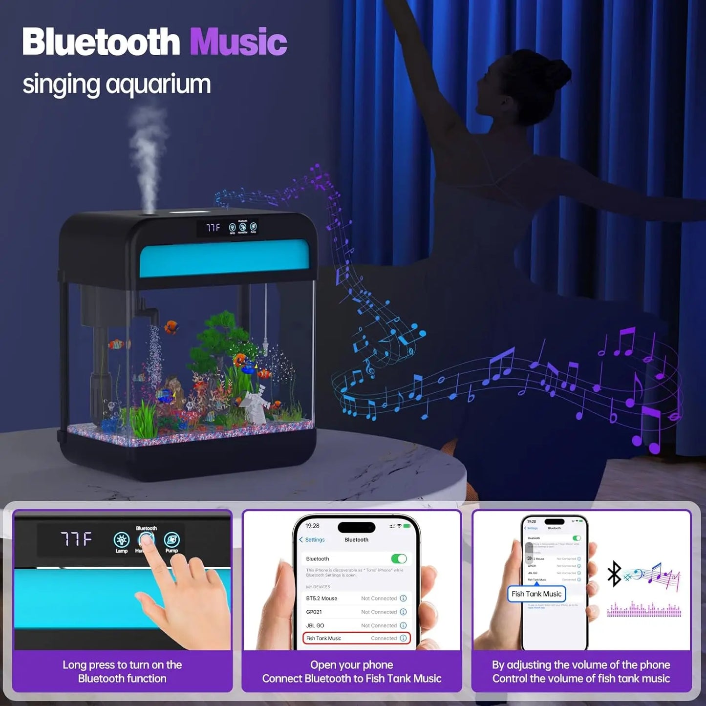 Fish Tank 2.2 Gallon Fish Aquarium with Music Humidifier 7 Color Auto-Looping Light Adjustable Water Pump with Filtration & Aera