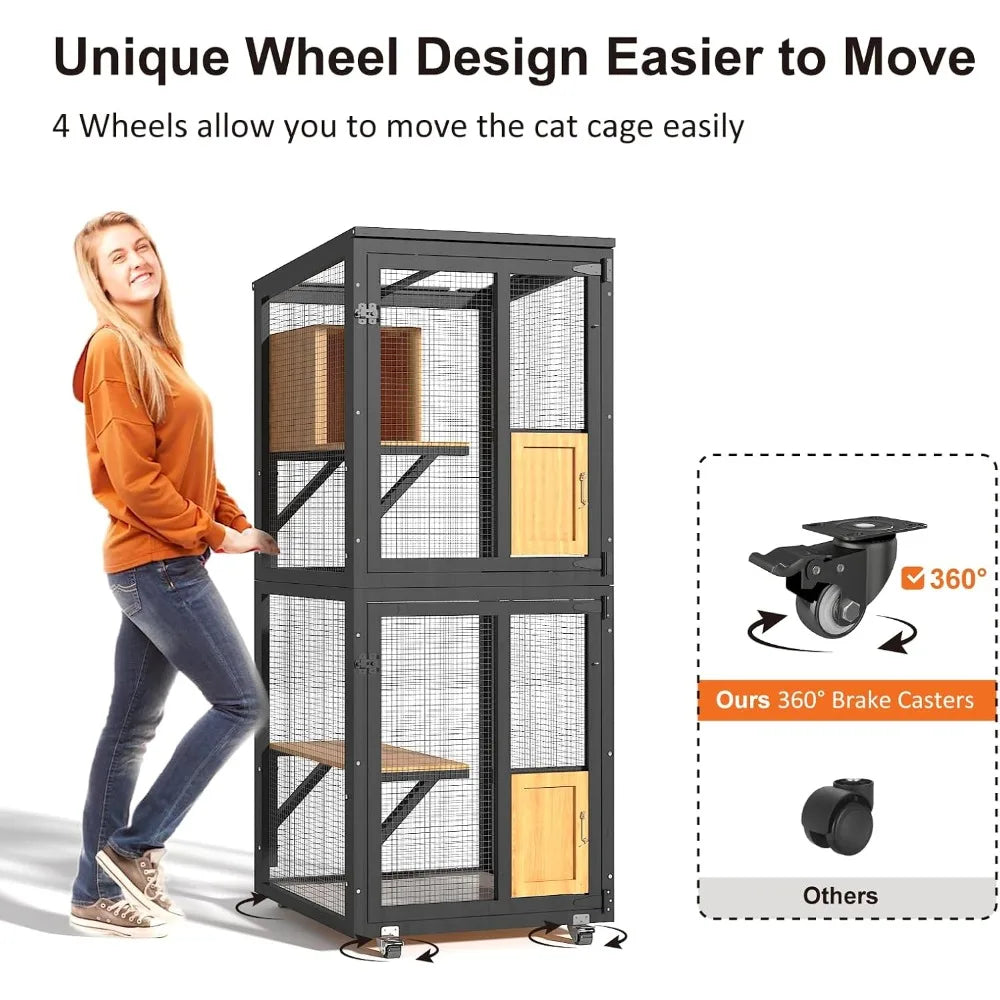Cat Catio Outdoor Enclosure, 4 Tiers Cat Playen Catio with Wheels, Resting Box, Sunshine Panel Waterproof Roof, Large Pet House