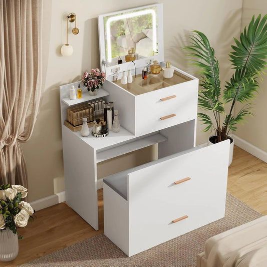 Vanity Desk with Flip Top Mirror and Lights White 3 in 1 Night Stand Make up Vanities Set for Women Dressing Table for Bedroom