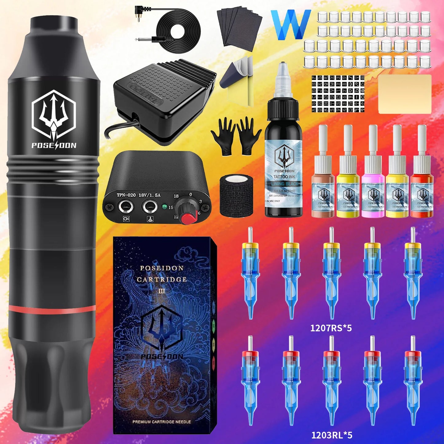POSEIDON Tattoo Kit High Quality Tattoo Pen Kit For Permanent Makeup Tattoo Machine Kit 10PCS Tattoo Needle Black Tattoo Gun Kit