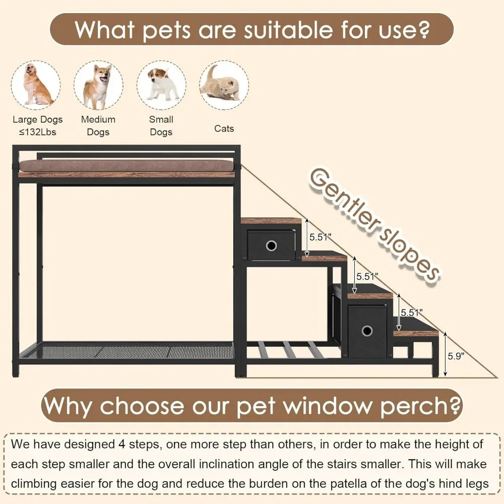 Pet Bunk Bed with Stairs and Storage Multi Level Elevated Dog and Cat Bed with Window Perch and Bedside Lounge