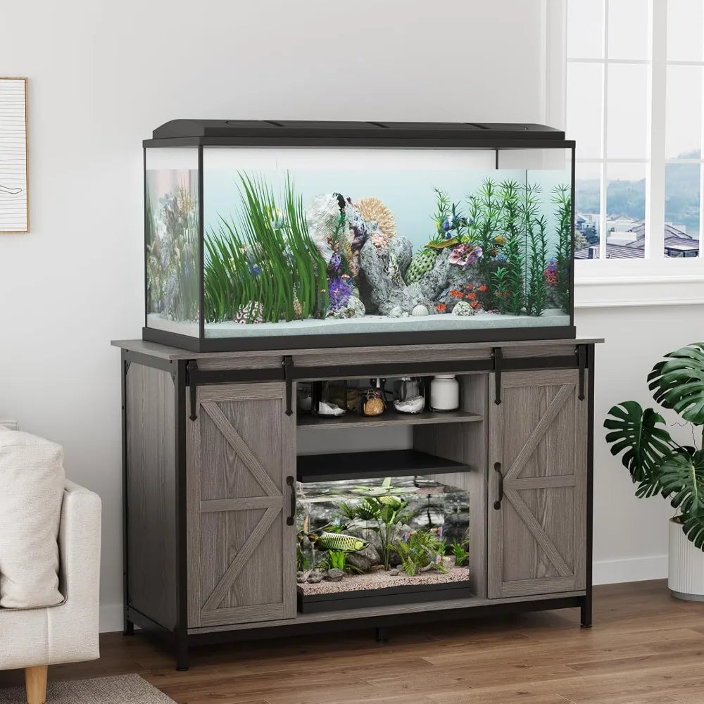 Farmhouse 55-75 Gallon Fish Tank Stand with Power Outlet, Aquarium Stand with Storage Cabinet and Sliding Barn Door, Heavy Duty