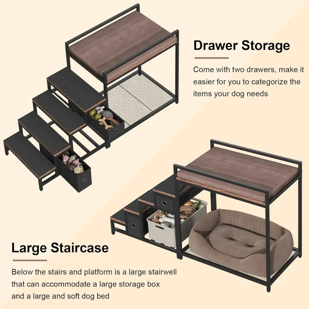 Pet Bunk Bed with Stairs and Storage Multi Level Elevated Dog and Cat Bed with Window Perch and Bedside Lounge