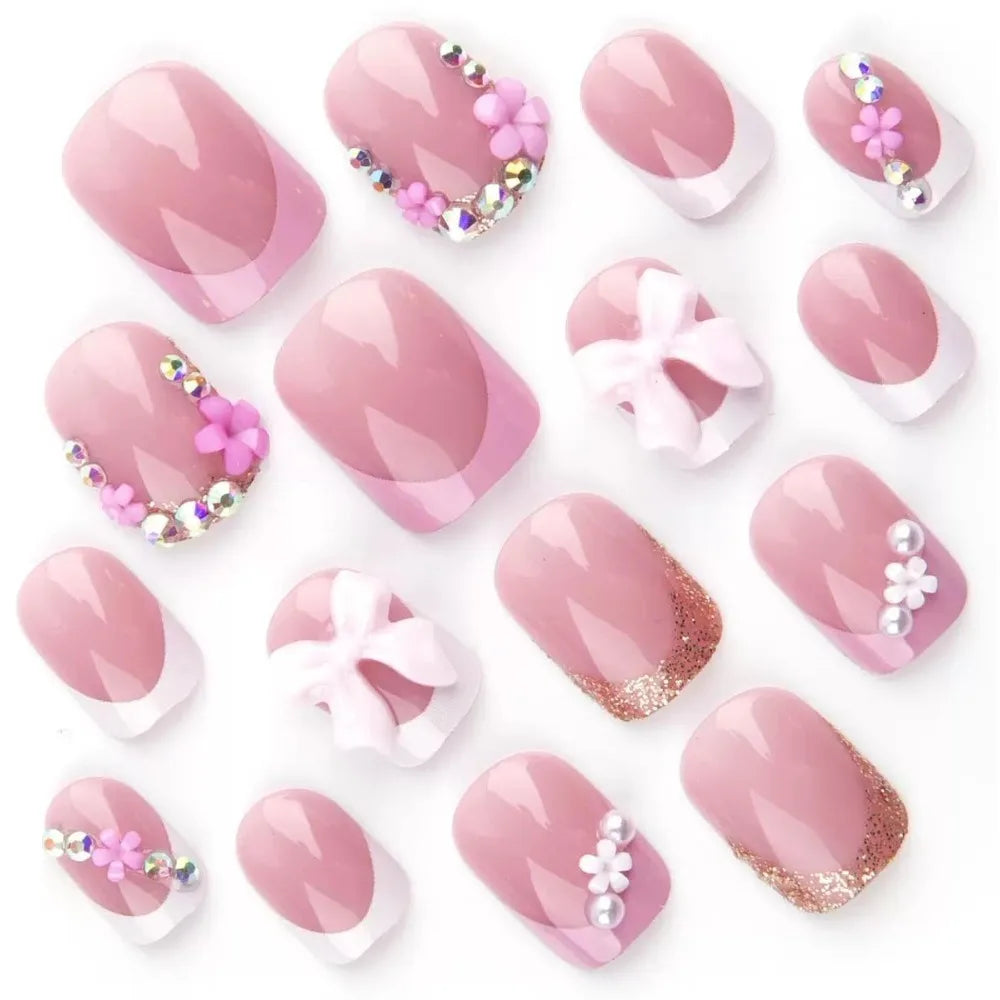 Best - Press on Nails Square Fake Nails Short False with 3D Bow Flower Charms Design Glossy Glue on Nails Full Cover Stick,24Pcs