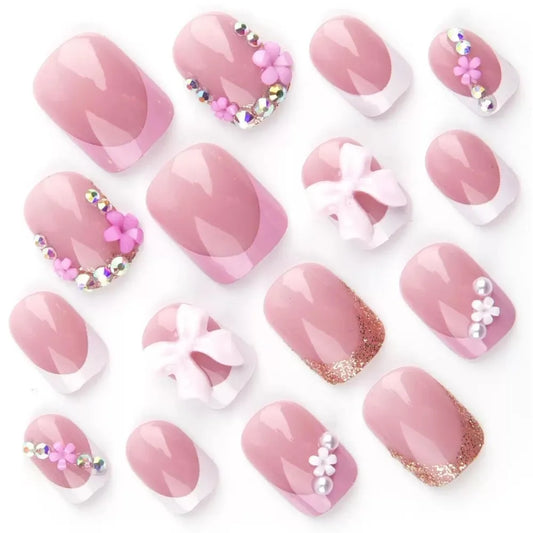 Best - Press on Nails Square Fake Nails Short False with 3D Bow Flower Charms Design Glossy Glue on Nails Full Cover Stick,24Pcs