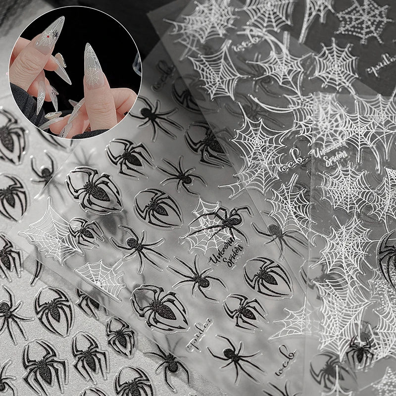 5D Relief Halloween Spider Nails Sticker Black Spiders Cobweb Embossed DIY Manicure Decals