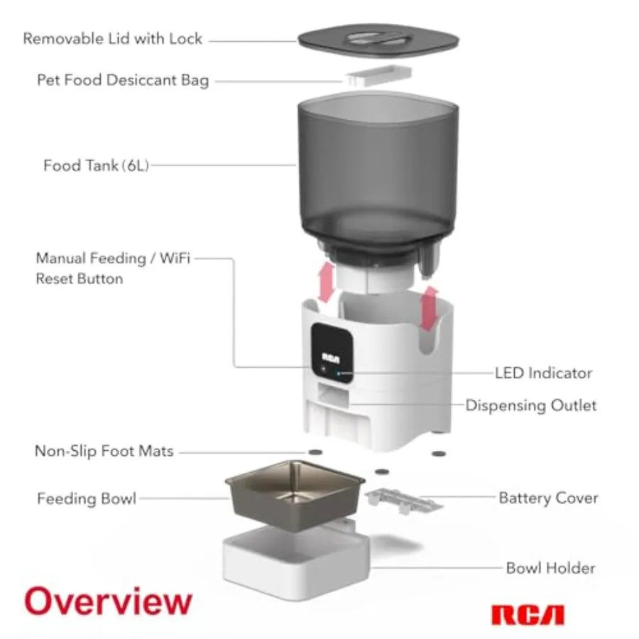 Smart Pet Feeder with WiFi and App Control for Remote Feeding of Rabbits Cats and Dogs 6Liters Capacity Dishwasher Safe Bowls C