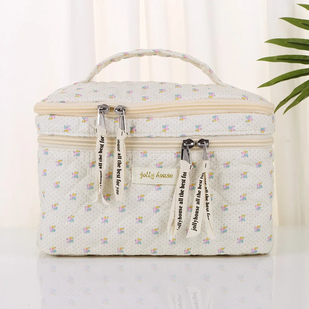 Double Layer Quilted Makeup Bag Floral Cotton Capacity