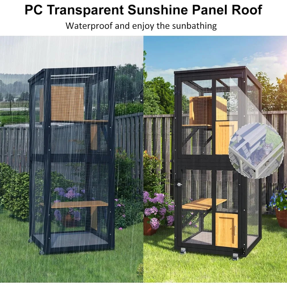 Cat Catio Outdoor Enclosure, 4 Tiers Cat Playen Catio with Wheels, Resting Box, Sunshine Panel Waterproof Roof, Large Pet House