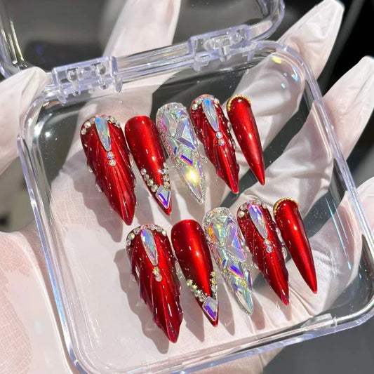 Christmas Handmade Wear Nail Luxury Fishtail Bridal Fake Nails Red Festive New Year Nail Art Patches