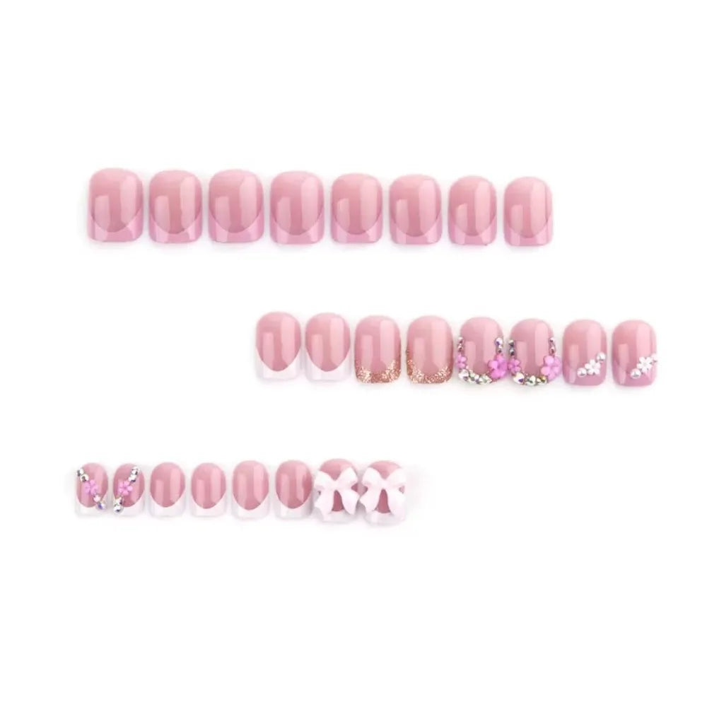 Best - Press on Nails Square Fake Nails Short False with 3D Bow Flower Charms Design Glossy Glue on Nails Full Cover Stick,24Pcs
