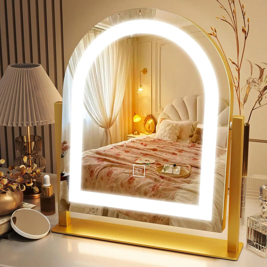 Light colored makeup mirror with 3-tone lighting, detachable 10x magnifying glass, 360 ° rotation, 15 inches x 13 inches (gold)