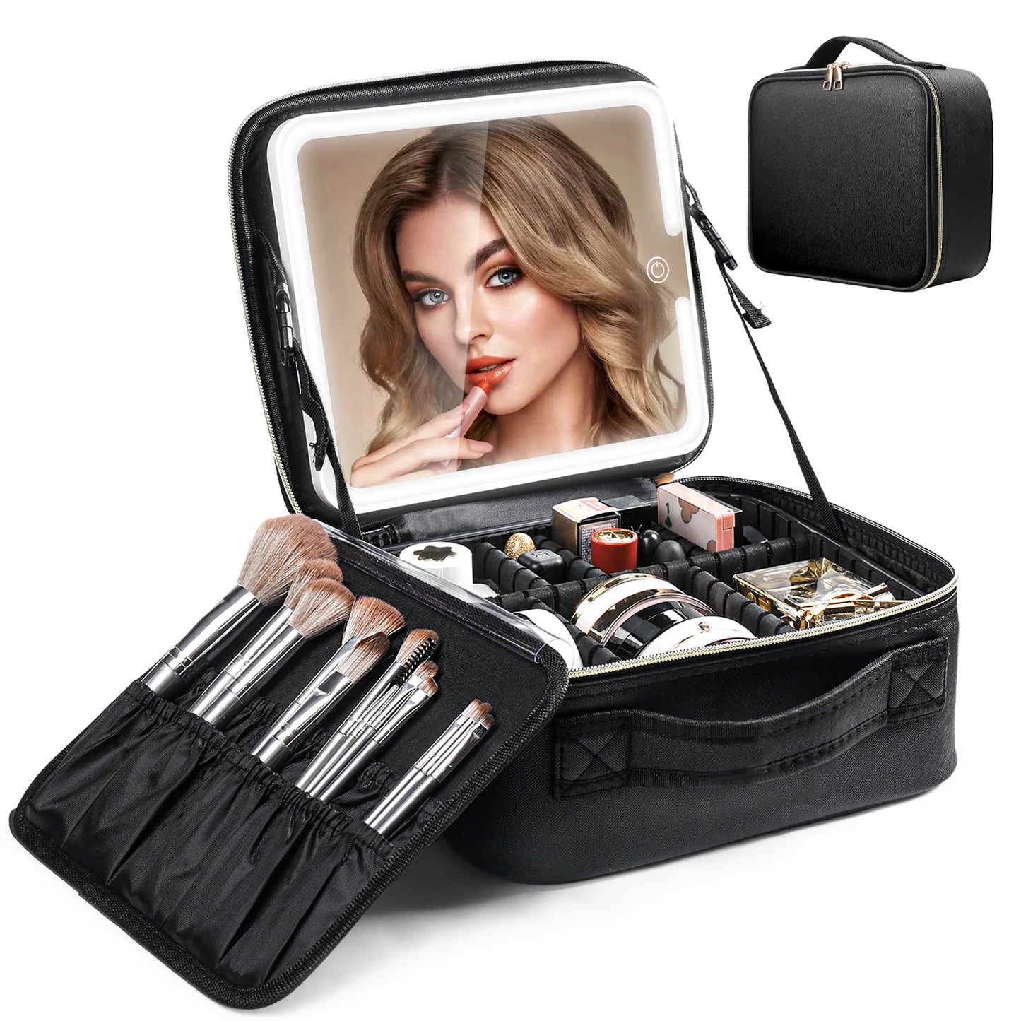 Travel Makeup Bag With LED Mirror And Adjustable Dividers