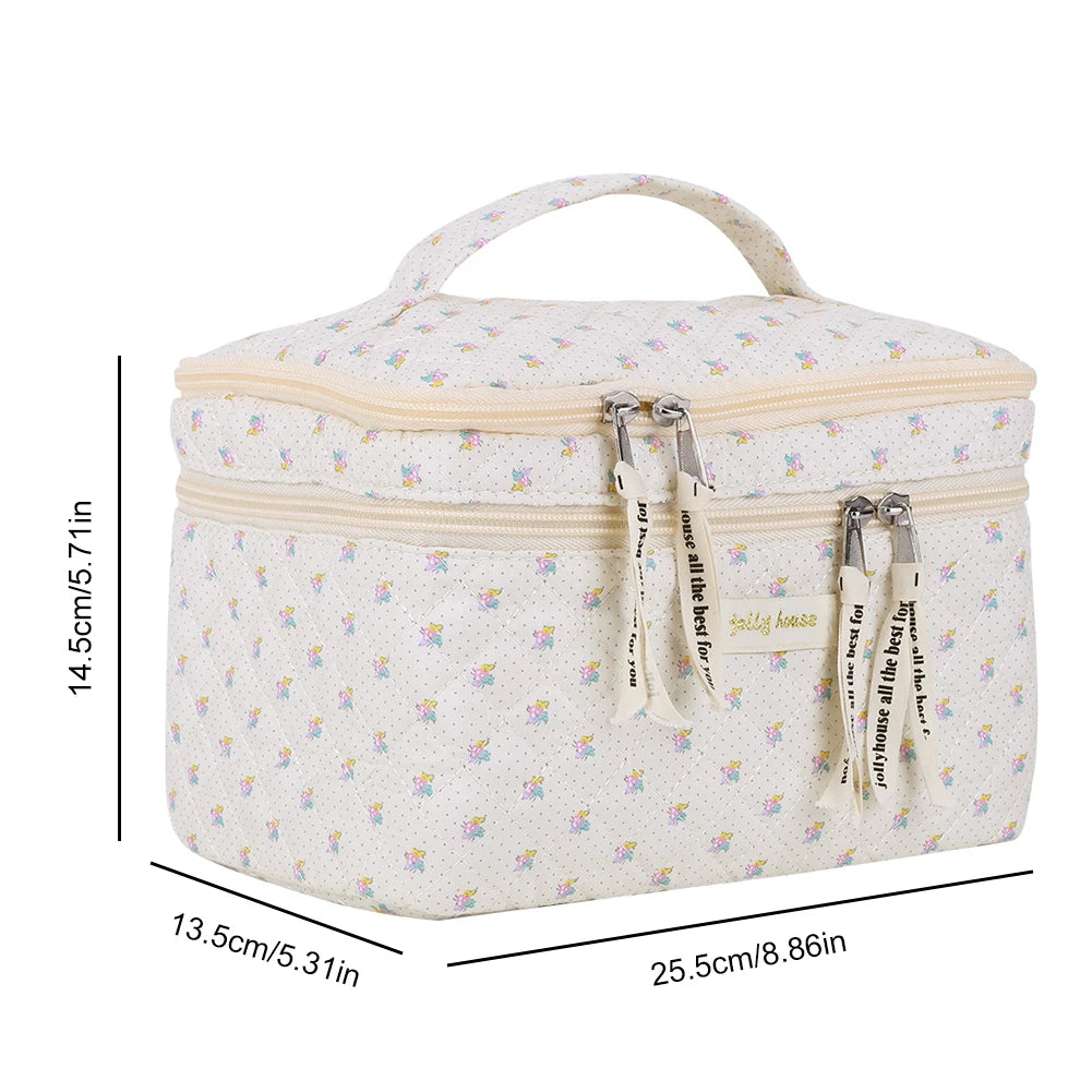 Double Layer Quilted Makeup Bag Floral Cotton Capacity