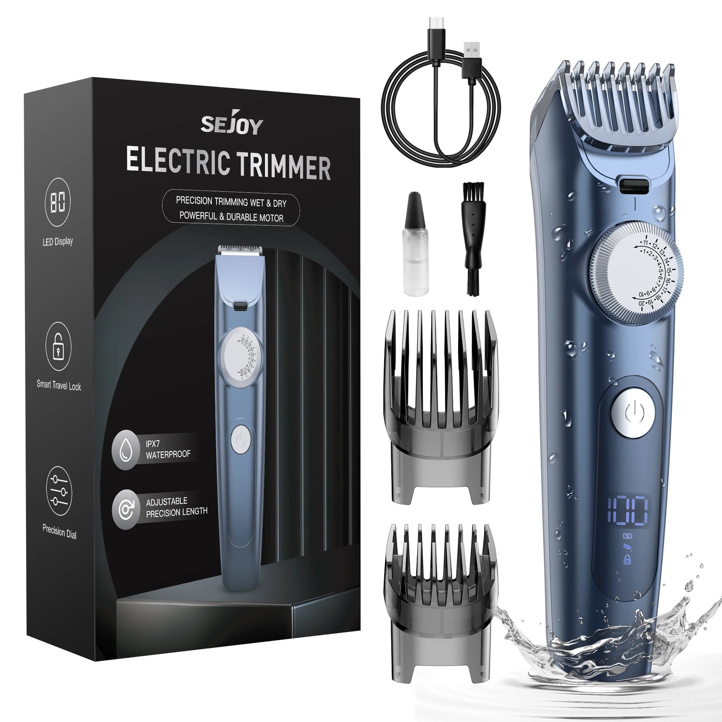 Electric Hair Clipper Cordless Trimmer IPX7 LED Display