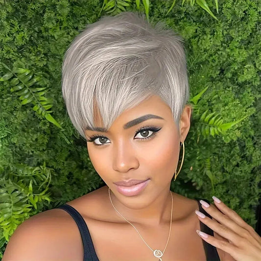 Grey Short Pixie Cut Wig for Women Straight Human Hair