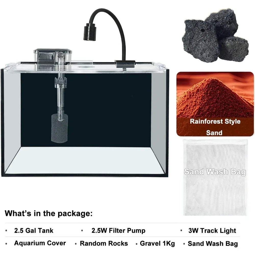 2.8 GAL Nano Fish Tank with Filter, Led Light, Gravel, Stone, Aquascape Starter Aquarium Set, Betta Fish Tank (30x18x20cm,10L)