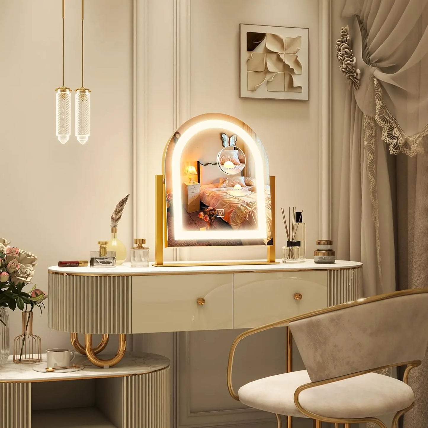Light colored makeup mirror with 3-tone lighting, detachable 10x magnifying glass, 360 ° rotation, 15 inches x 13 inches (gold)