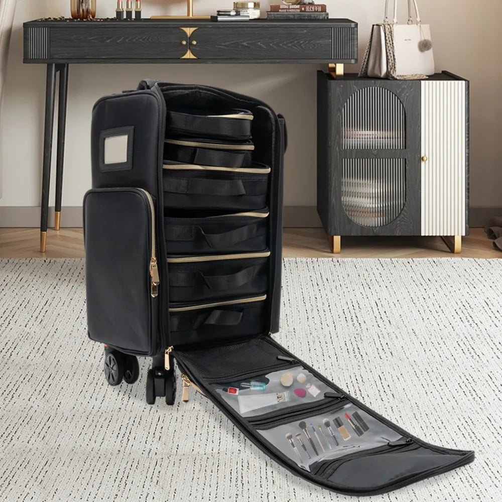 Soft Sided Rolling Makeup Train Case Pro Oxford Fabric Cosmetic Storage Organizer Travel Trolley Suitcase with Universal Wheel